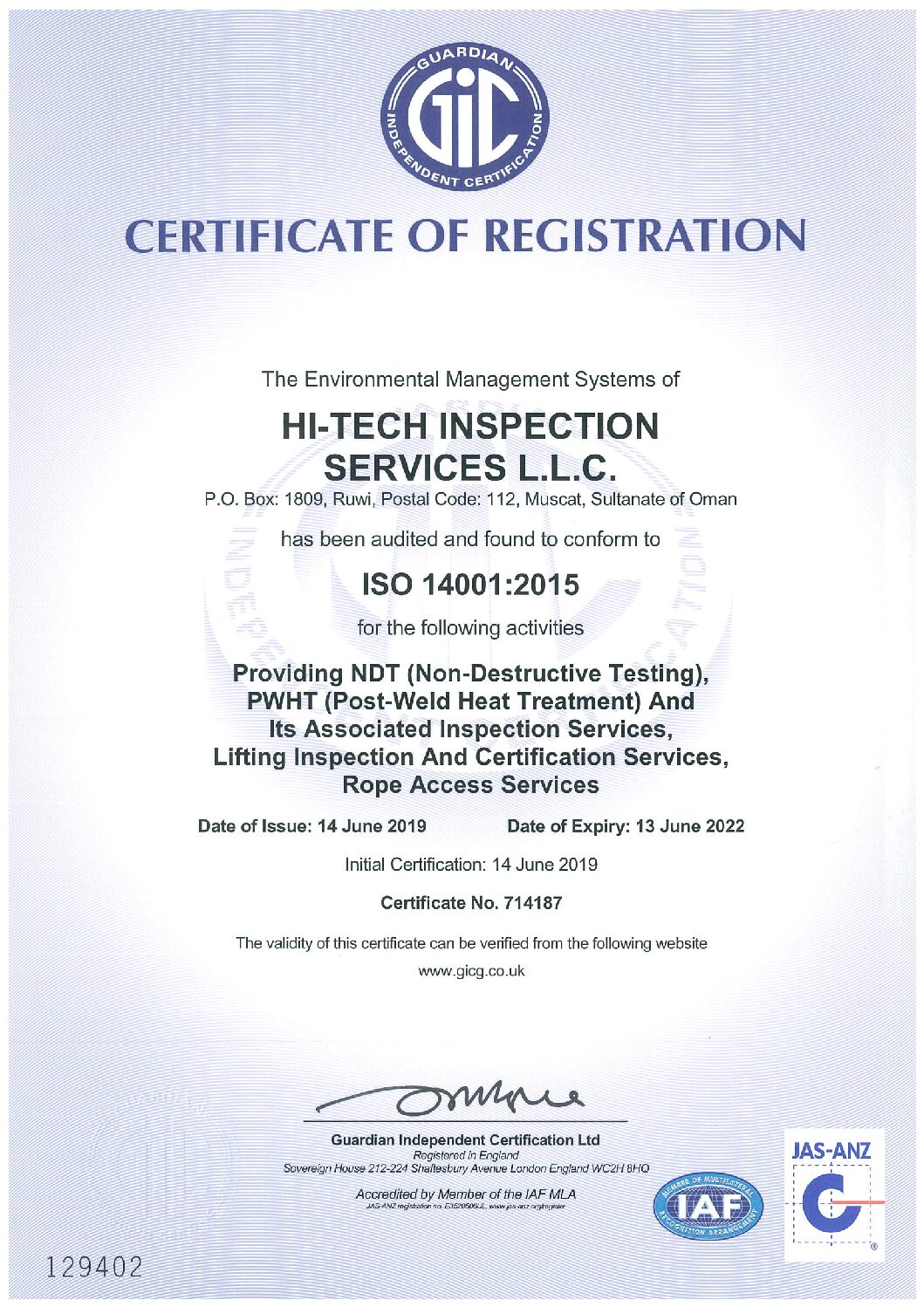 ISO 14001:2015 certificate