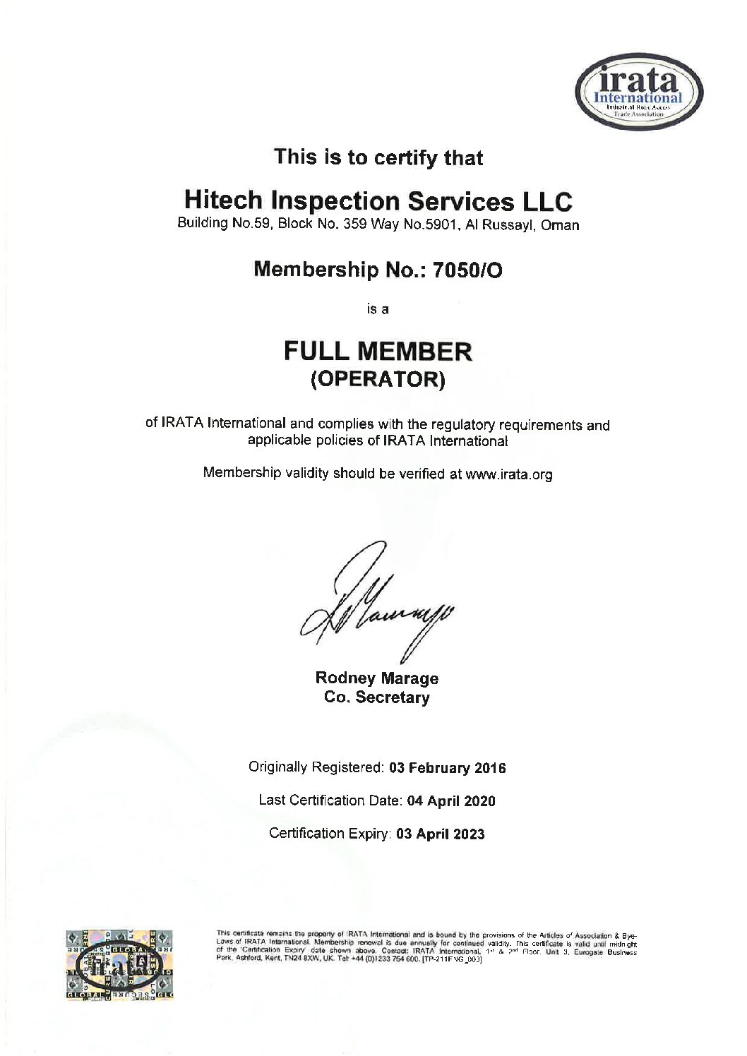 ISO/IEC 17020 Type A inspection body certificate