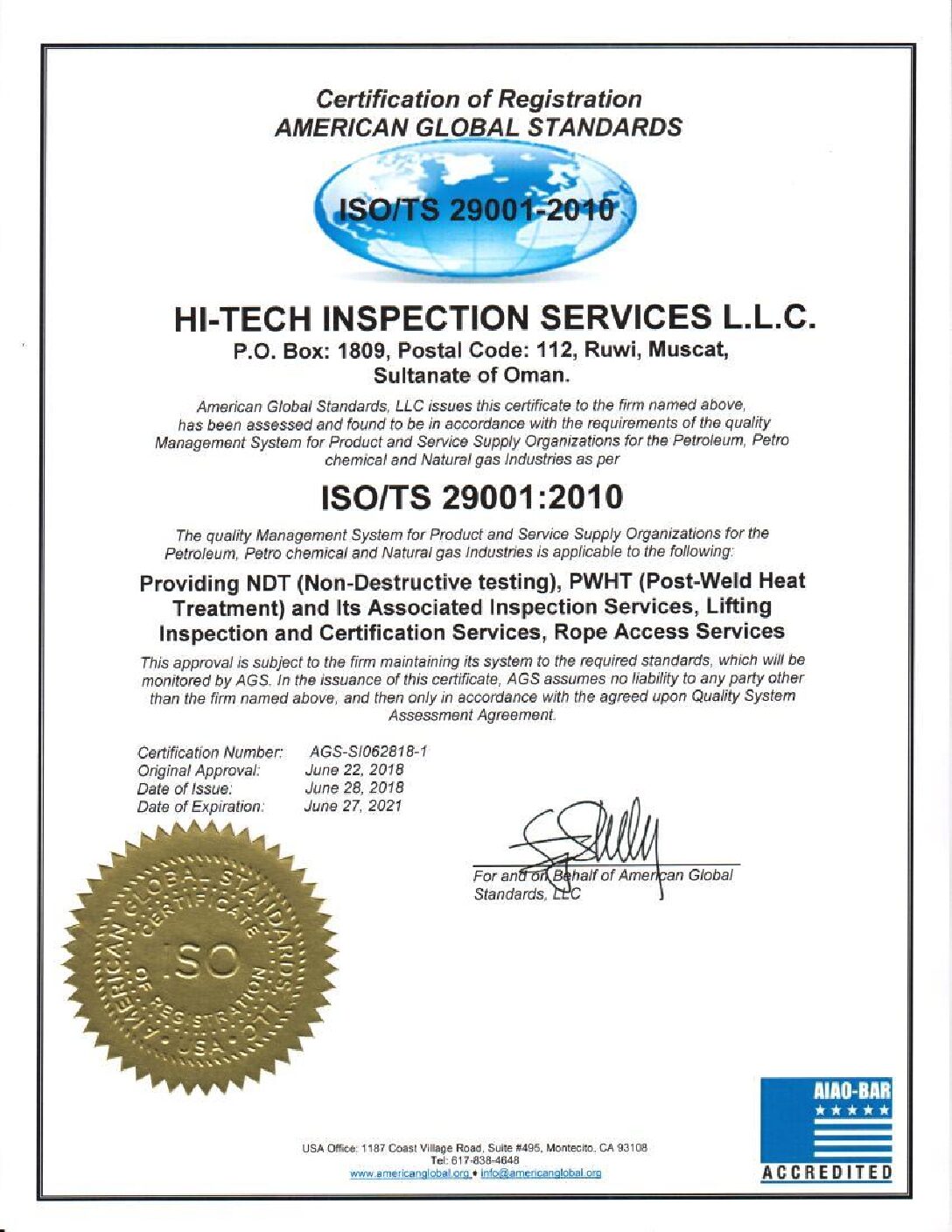 ISO 29001:2012 certificate