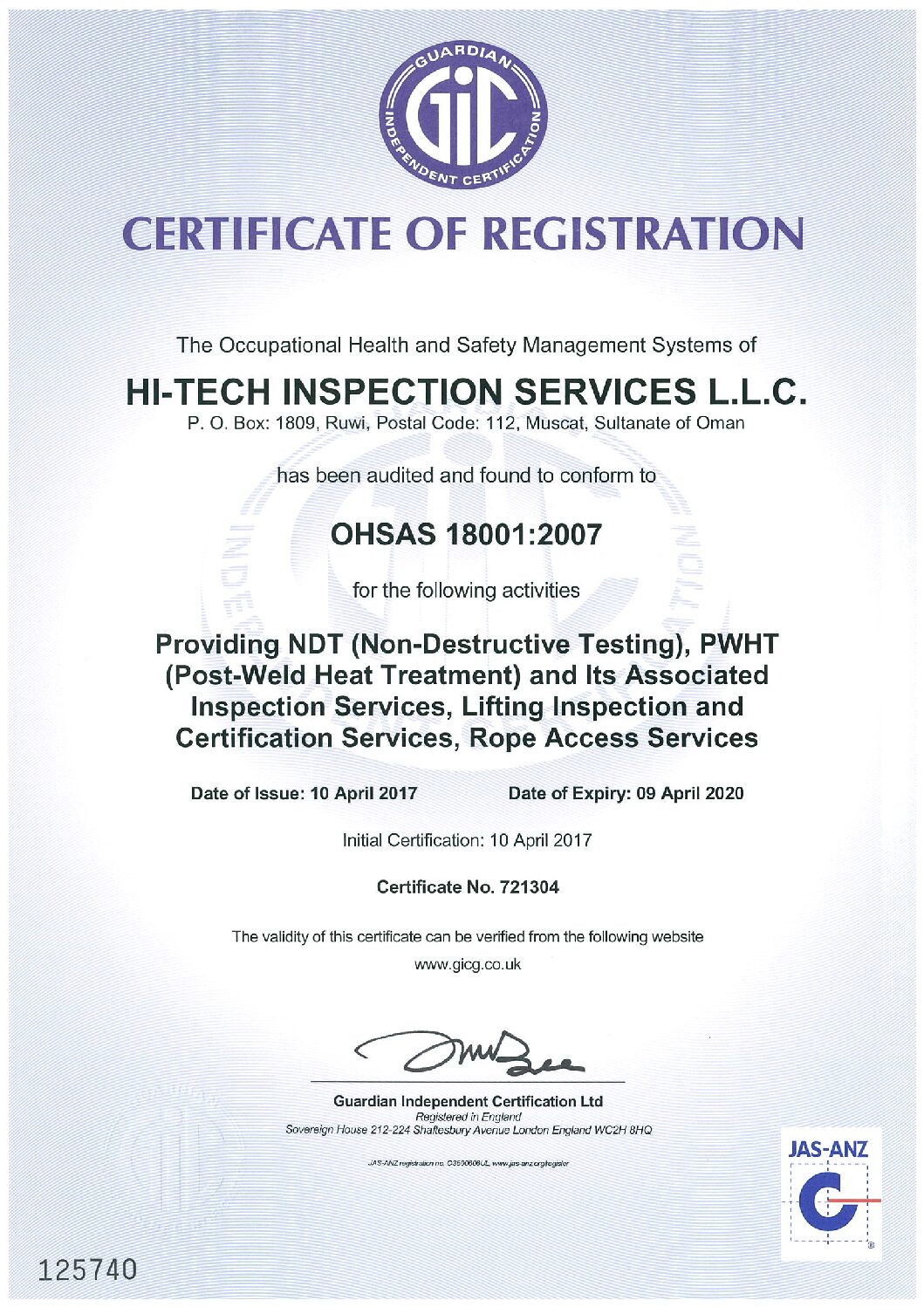 ISO 45001 / OHSAS certificate
