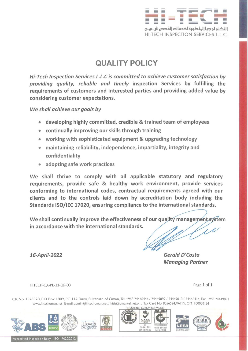 Hi-Tech Inspection Services — Quality Policy document